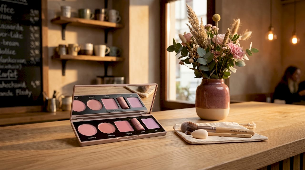 Makeup palette showing five types of blush for fair skin
