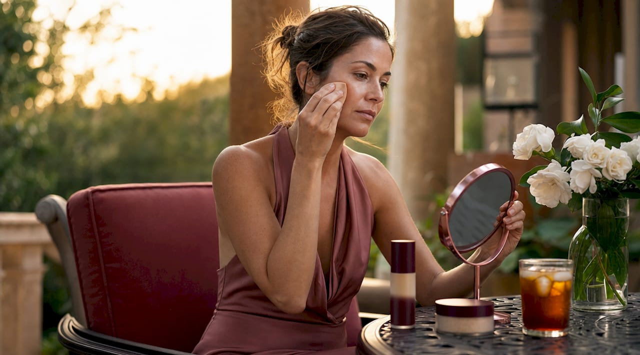 Woman layering tinted moisturizer at kitchen table