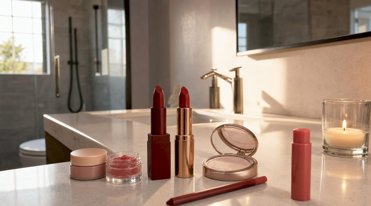 Red lip products neatly arranged