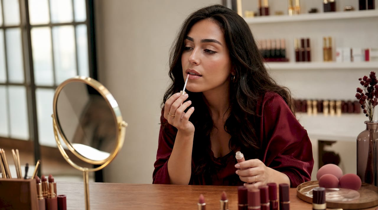 Close-up of hands applying lip primer on lips