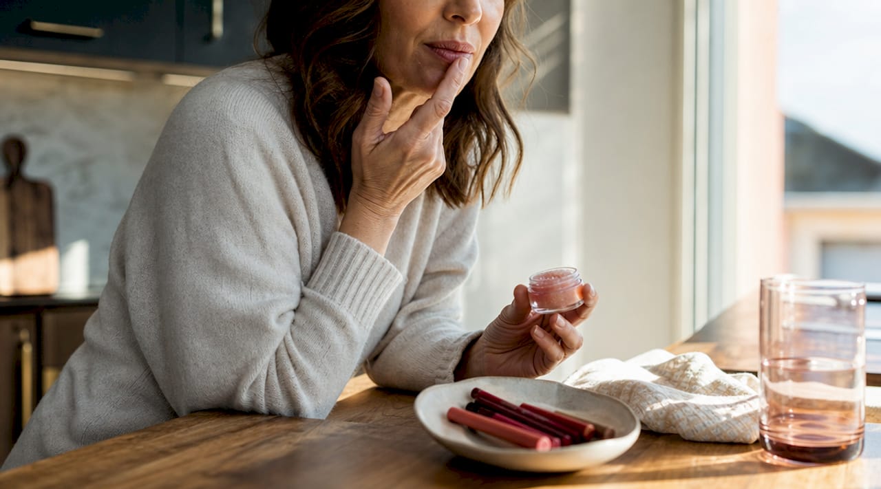 Woman exfoliating lips at bathroom counter