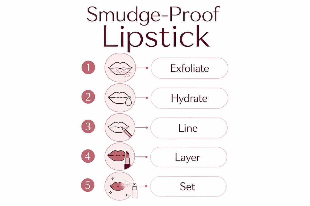 Infographic depicting 5 steps to prevent lipstick smudging