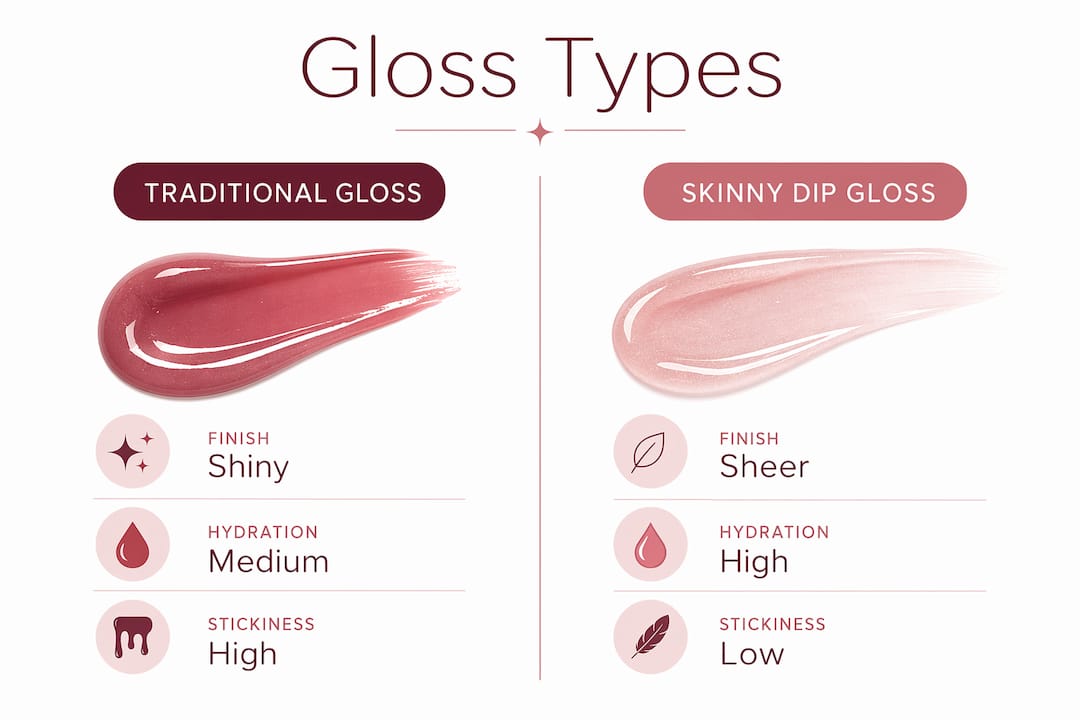Infographic comparing traditional gloss and skinny dip gloss