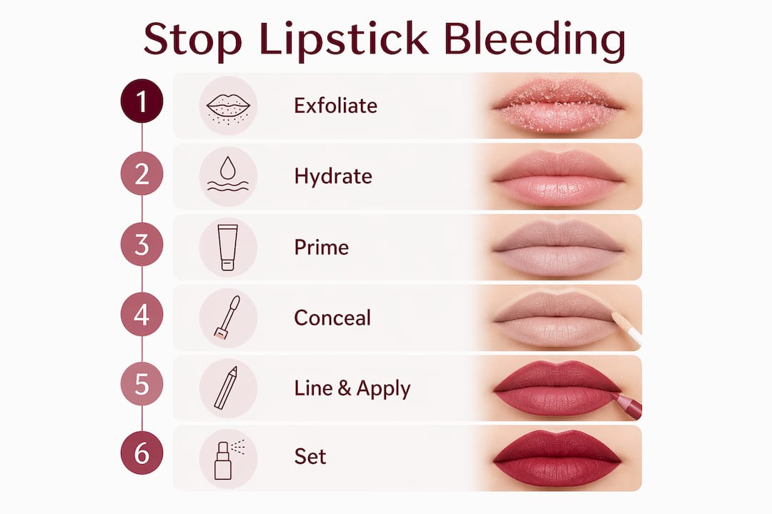 Infographic showing step-by-step lipstick bleeding prevention