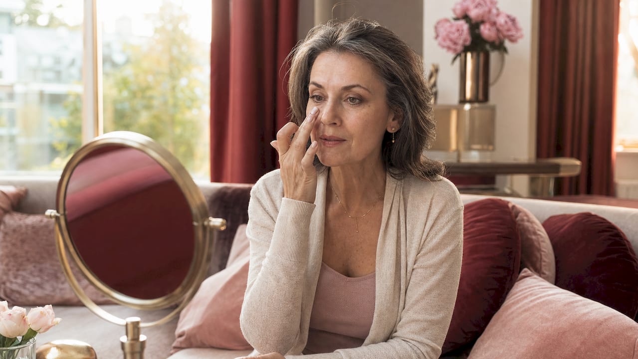 Woman applying hydrating makeup primer carefully
