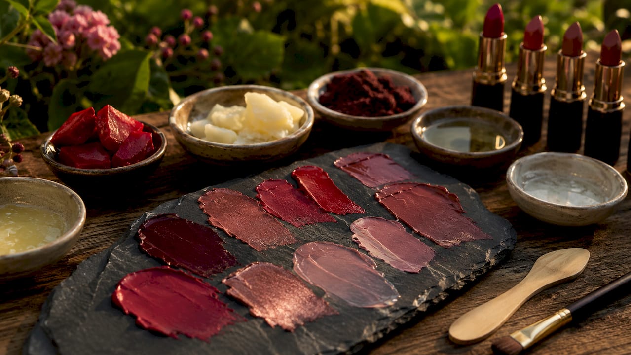 Close-up of lipstick textures and ingredients