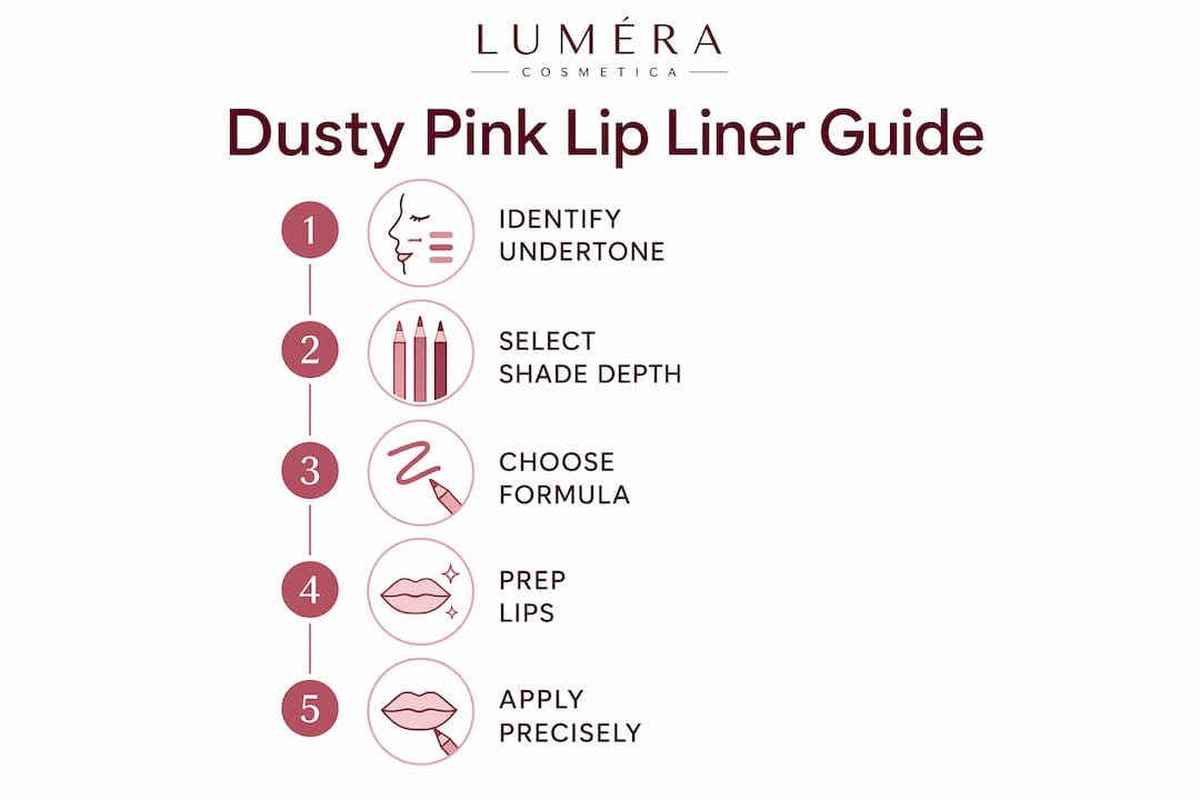 Infographic illustrating dusty pink lip liner selection and application steps