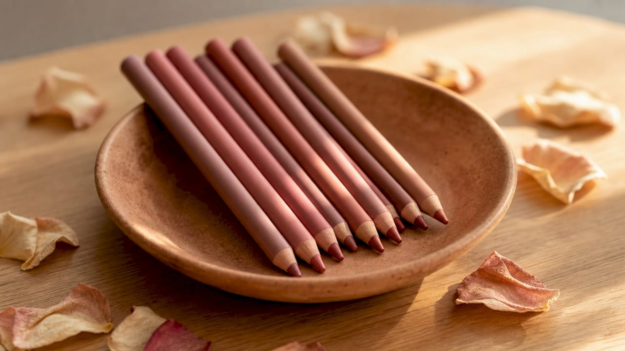 Various dusty pink lip liner pencils on beige surface