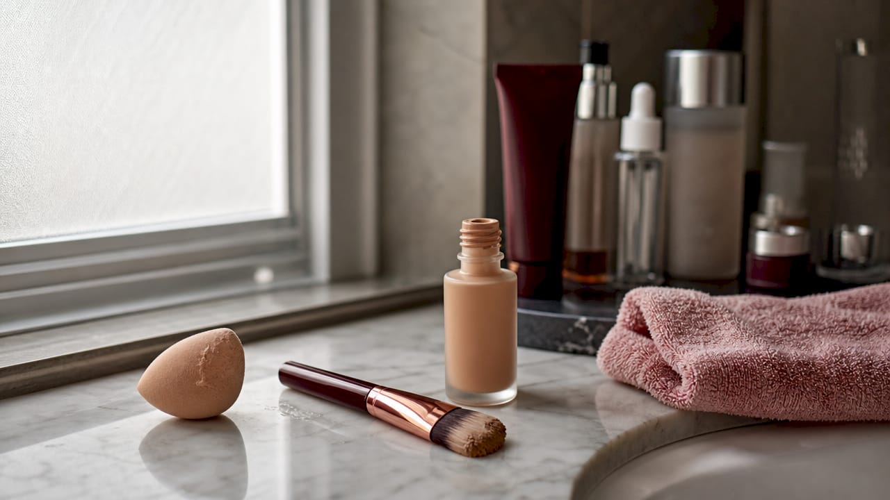 Foundation brushes and sponge on vanity
