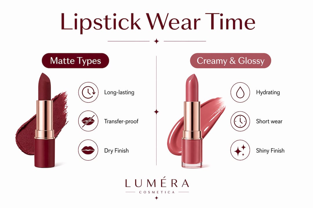 Infographic comparing lipstick wear time and finishes