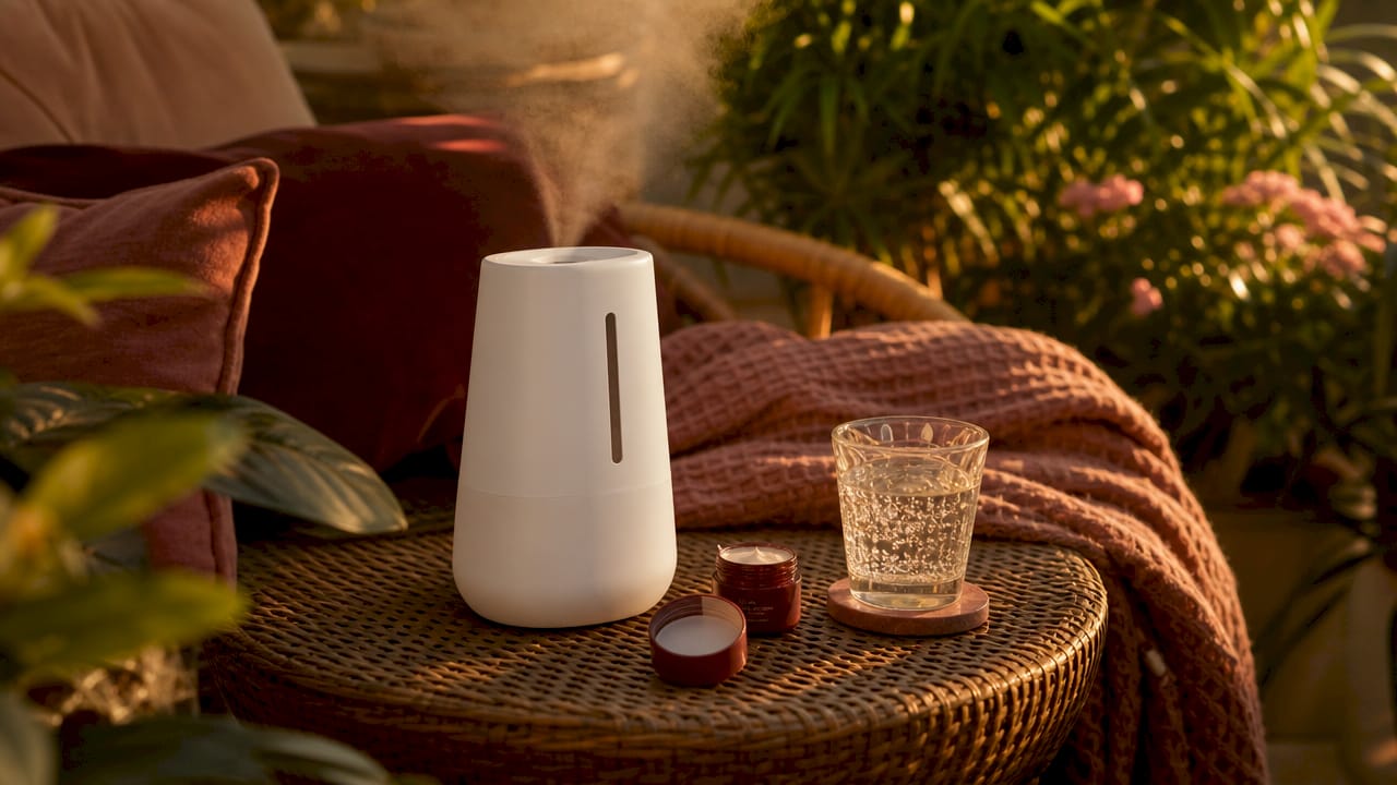 Humidifier on table near lip balm indoors