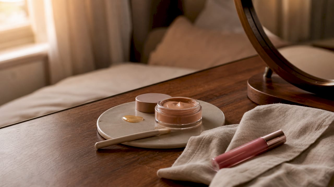 Cream multitasking makeup products on countertop