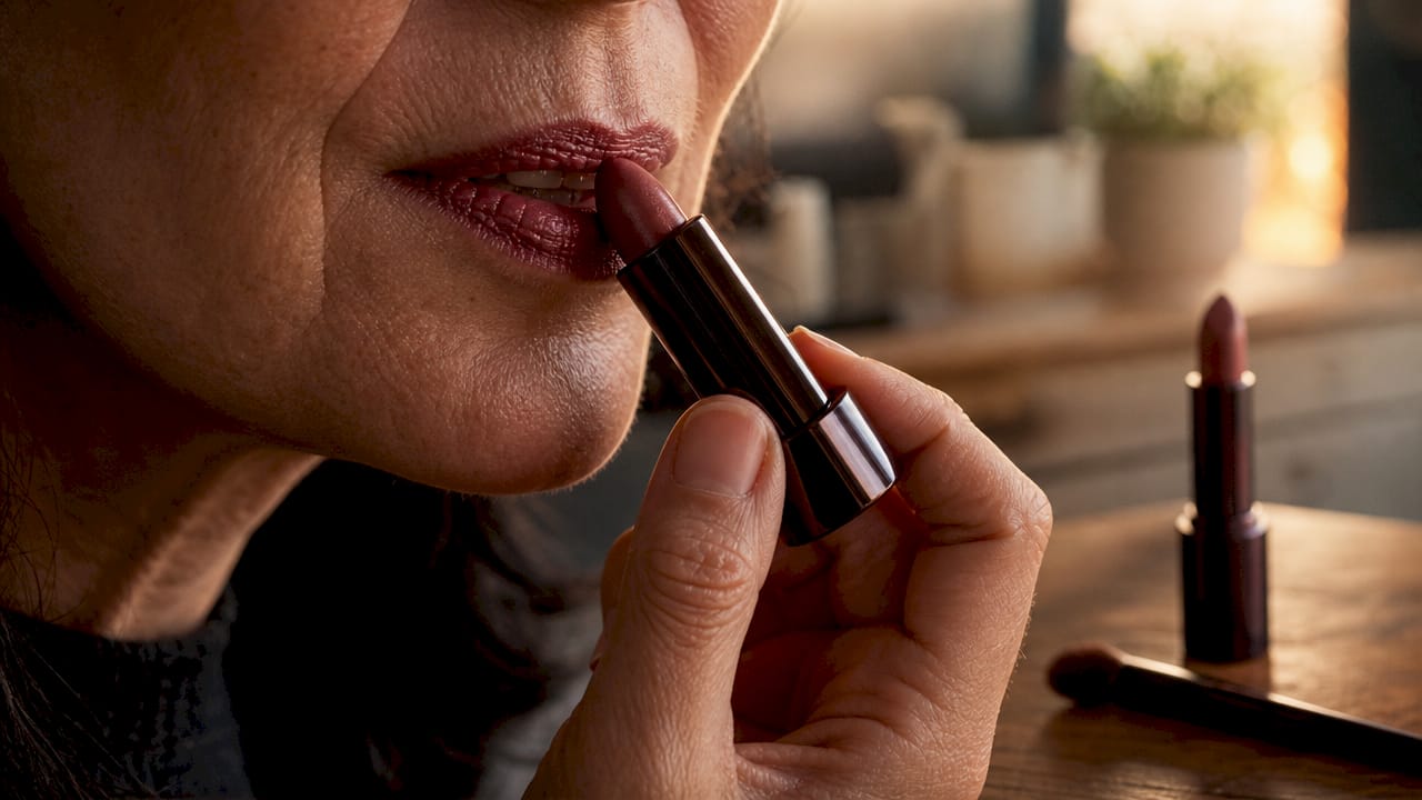 Close-up of creamy lipstick on mature lips