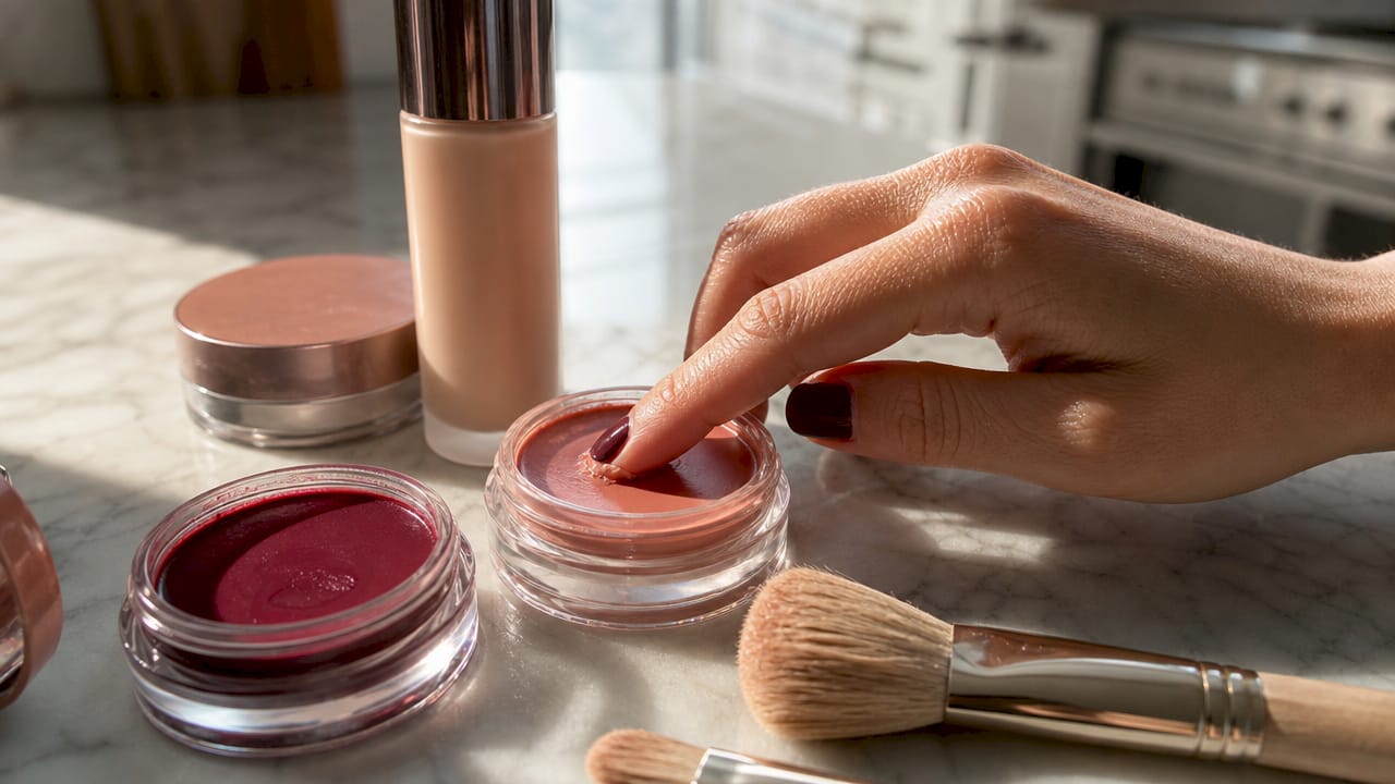 Close-up of cream blush and makeup application