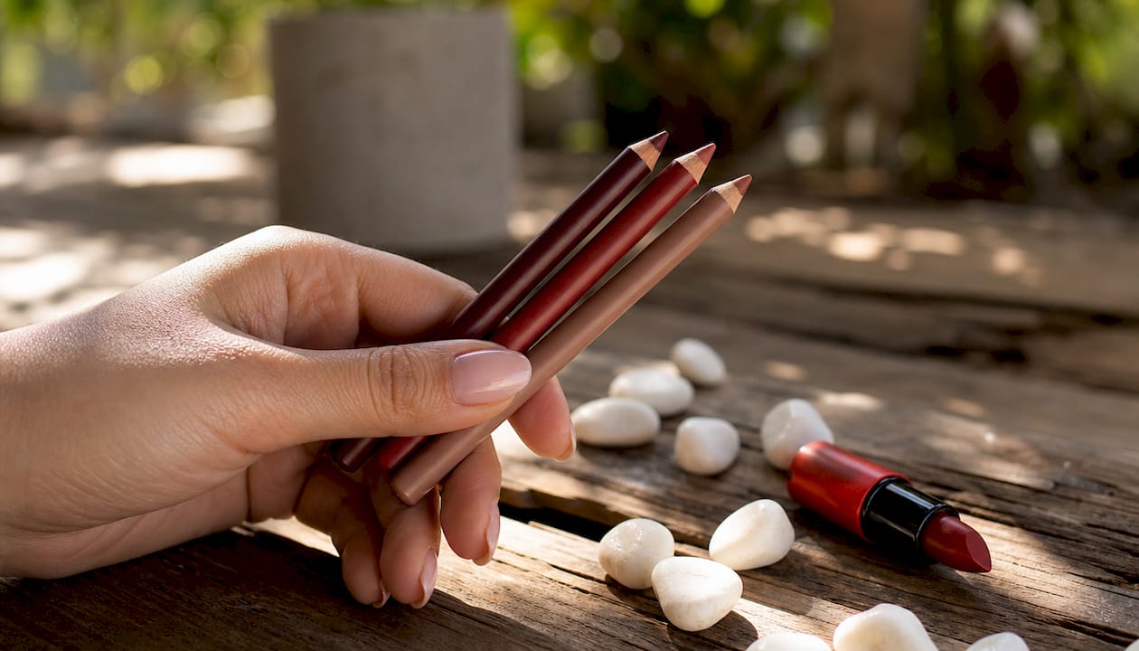 Close-up of various lip liner shades near red lipstick