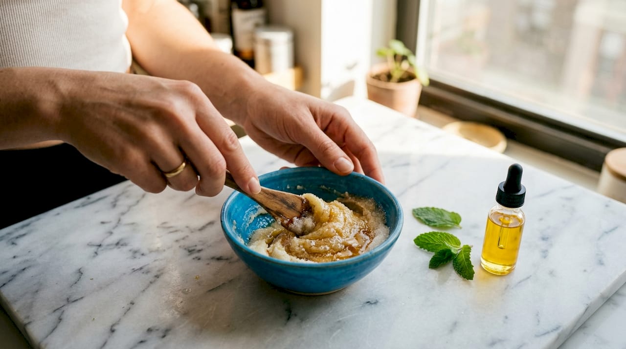 Hands mixing ingredients for lip mask