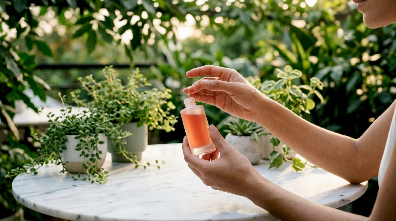 Hands holding retinol and vitamin C serums