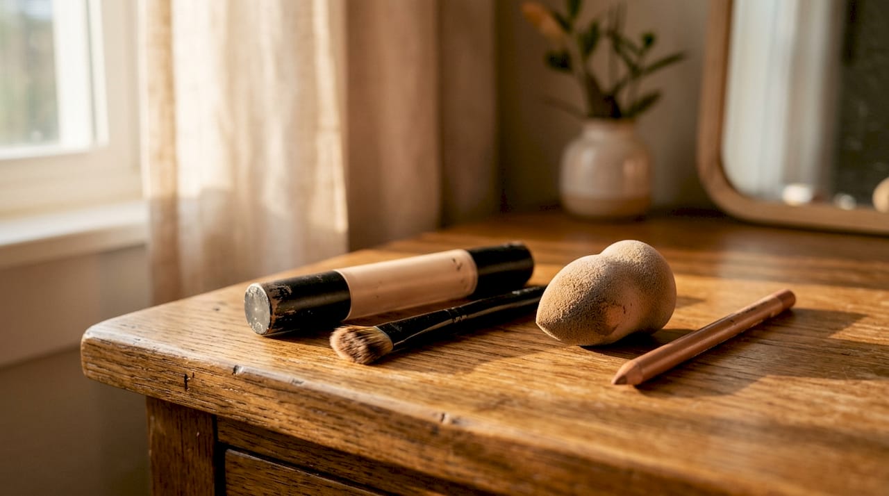 Makeup tools and concealer types on white surface