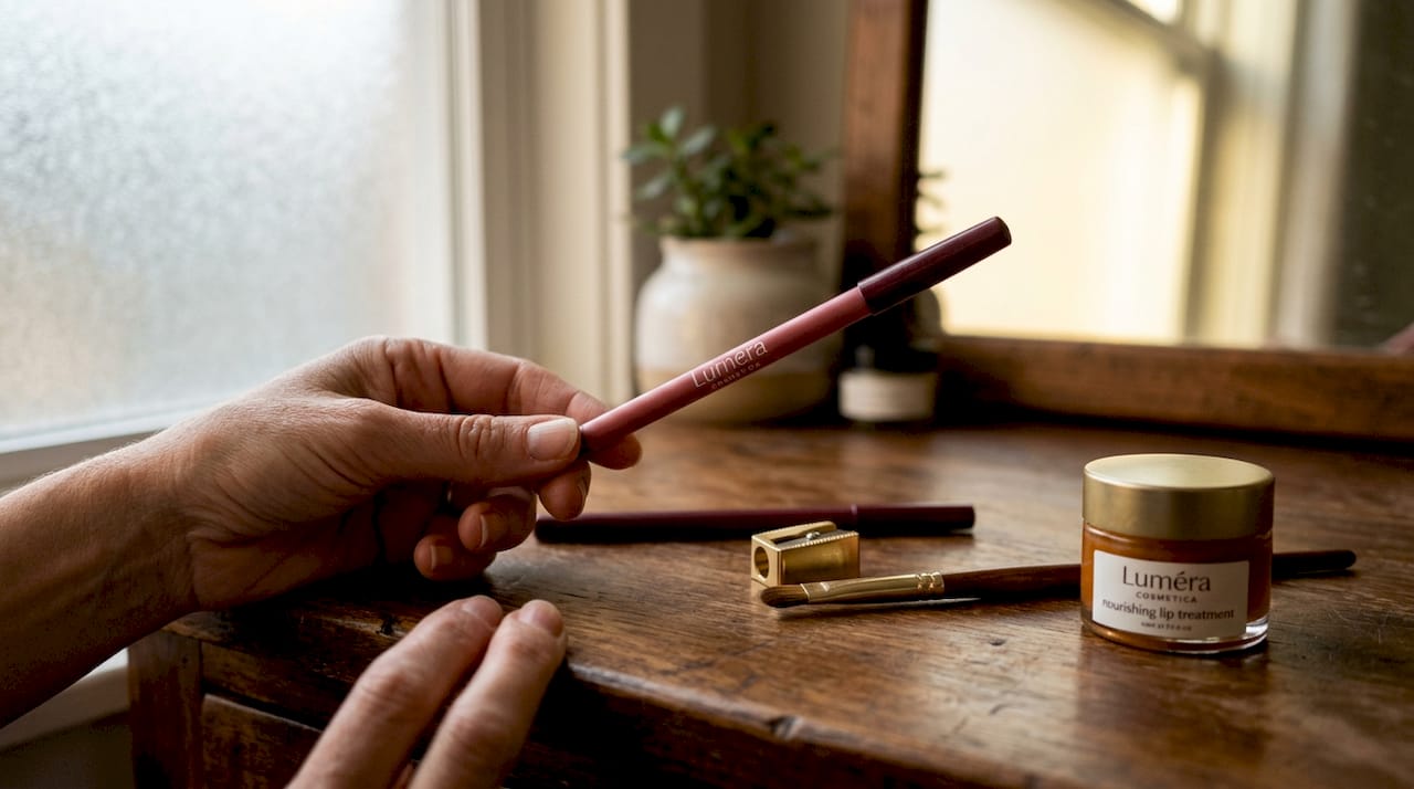 Close-up of rose lipliner and applicator tools