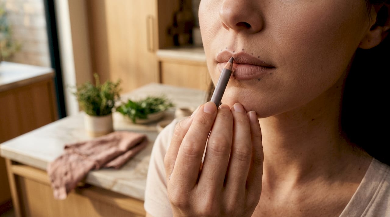 Close-up of lips with marked lip liner anchor points