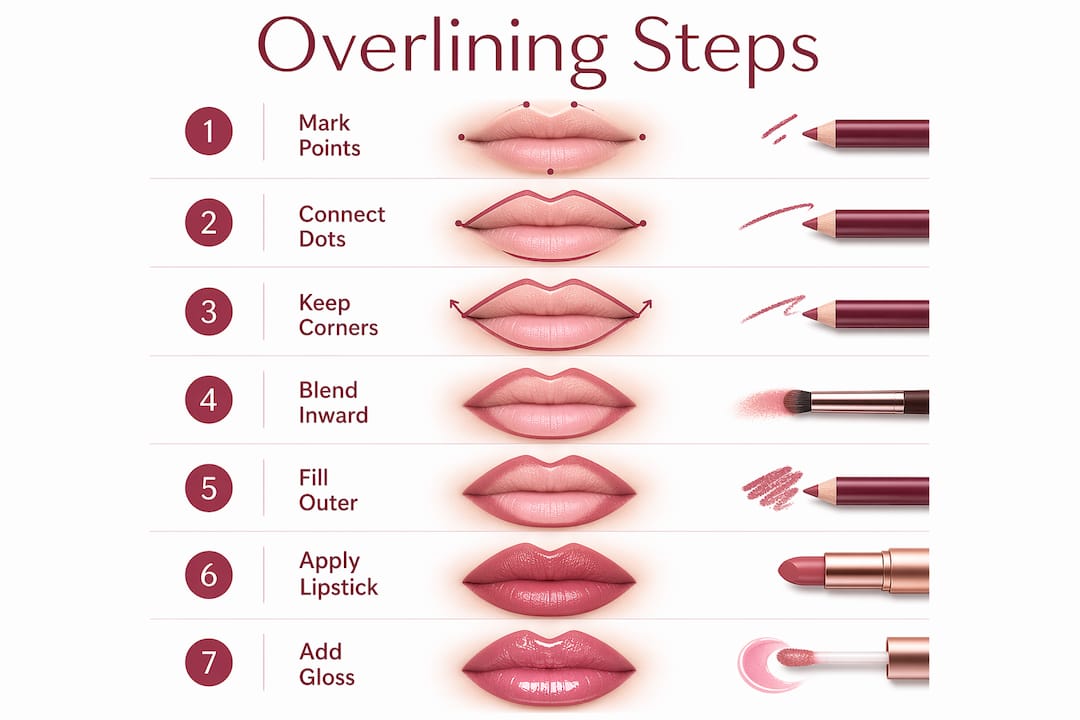 Infographic illustrating lip overlining step-by-step guide