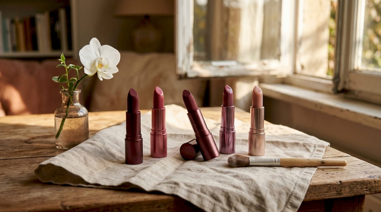 Variety of lipstick tubes on marble counter