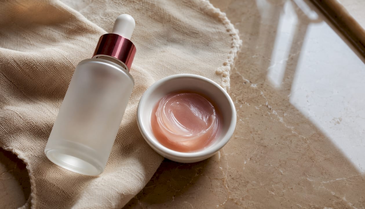 Ceramide lip treatment with amber bottle on vanity