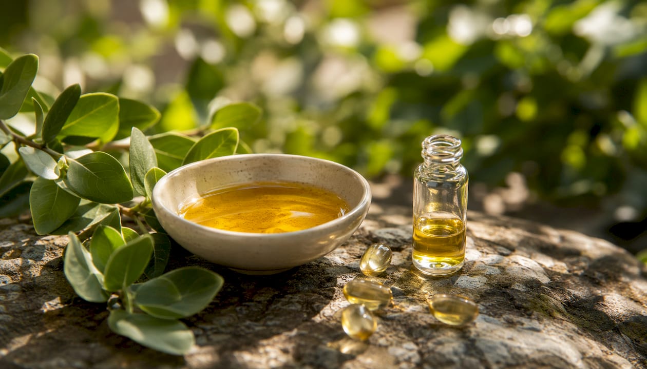 Jojoba oil and vitamin E capsules on wooden table