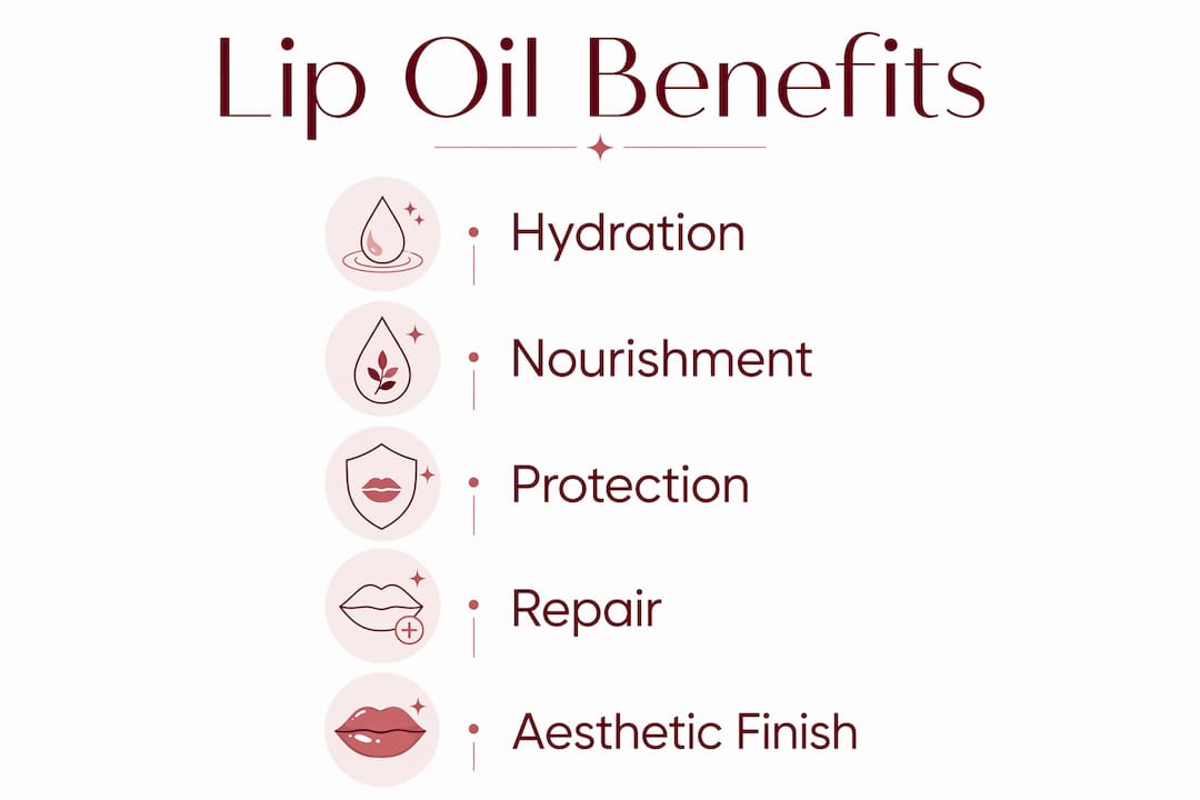 Infographic showing key benefits of lip oil in five steps