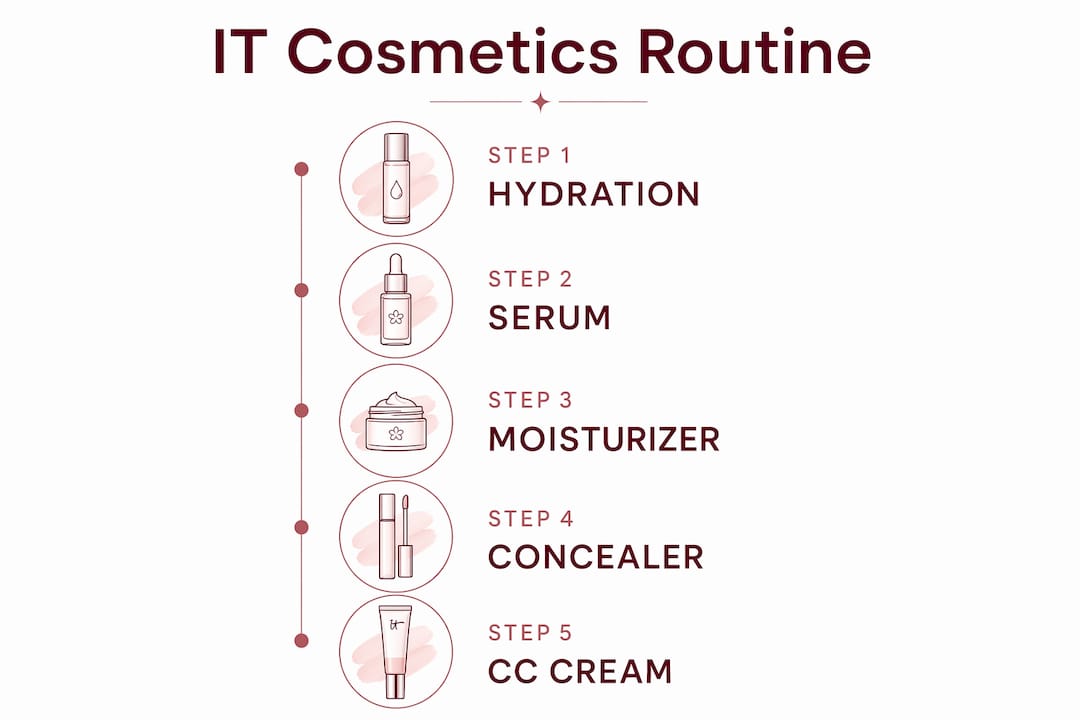 Infographic illustrating five-step IT Cosmetics routine