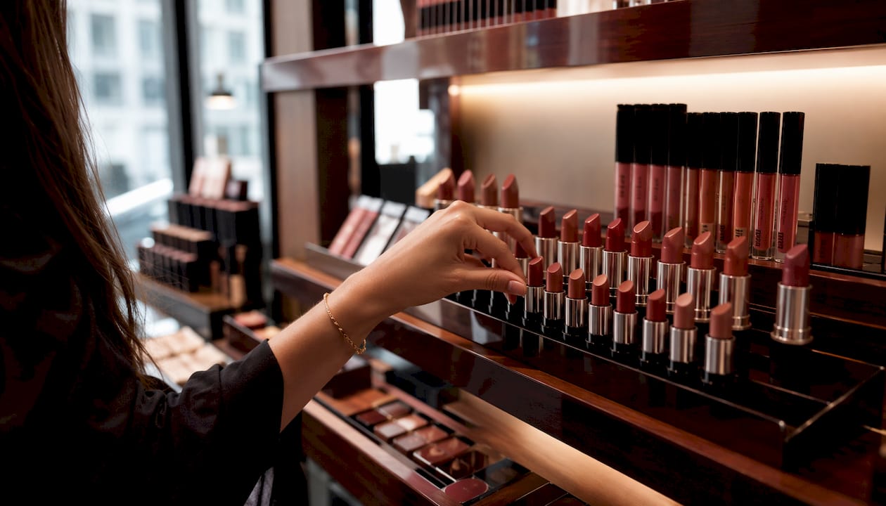 Retail shelf with lipstick dupes and price tags