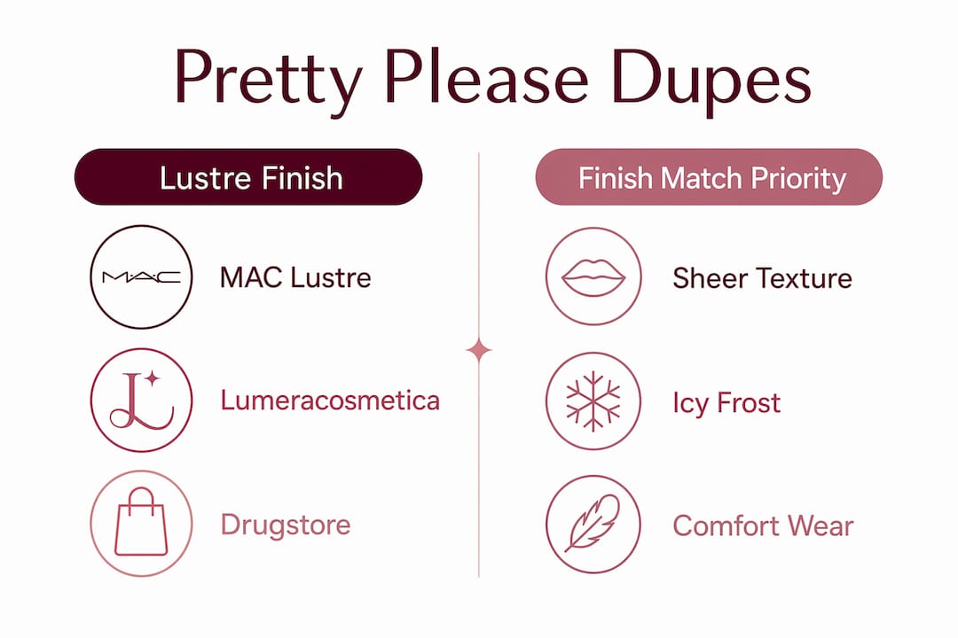 Infographic comparing Pretty Please lipstick dupes by finish and brand