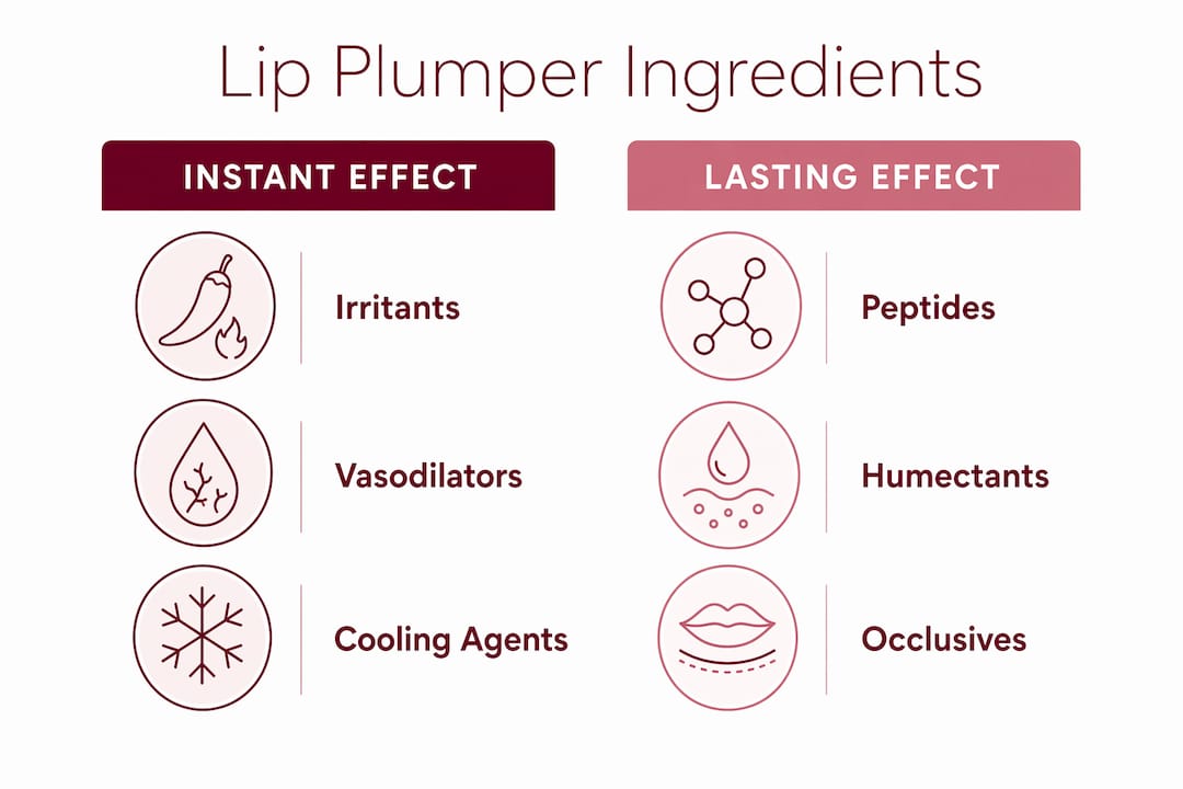Infographic comparing instant versus lasting lip plumper ingredients