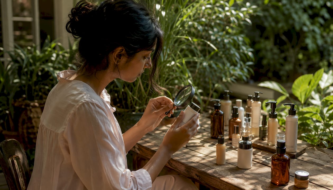 Close-up of hands inspecting cosmetic ingredient labels with magnifying glass