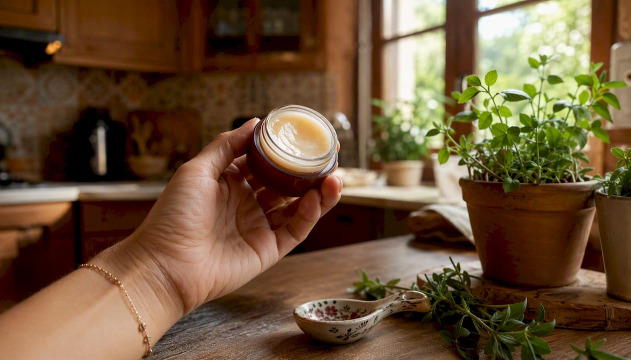 Close-up of natural lip balm jar and ingredients