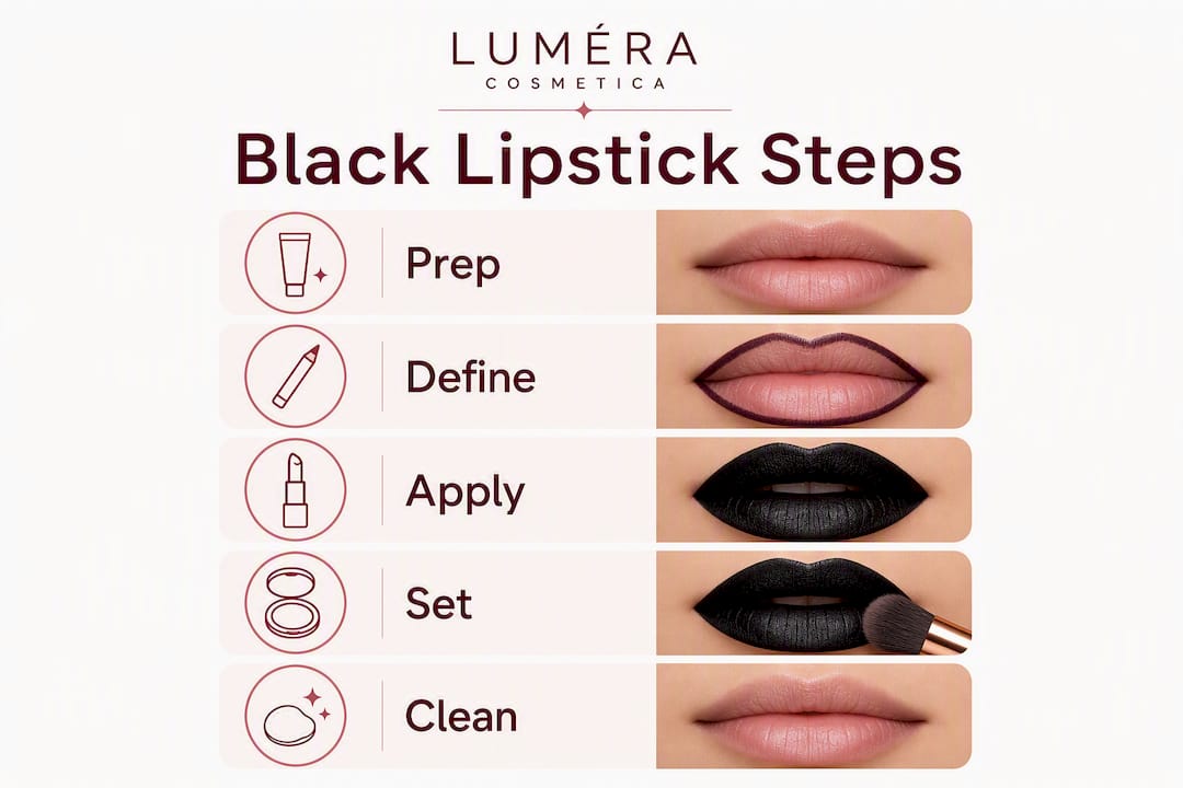 Infographic showing steps to apply black lipstick