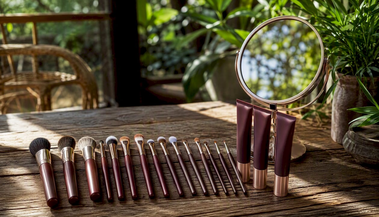 Eye makeup brushes and primer on tabletop