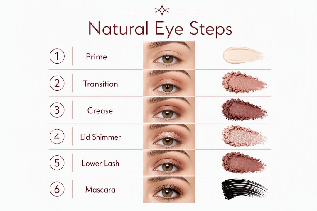 Infographic displaying step-by-step natural eye makeup routine