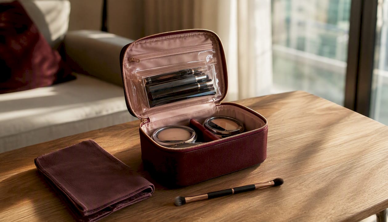 Neatly packed travel makeup pouch with organized items