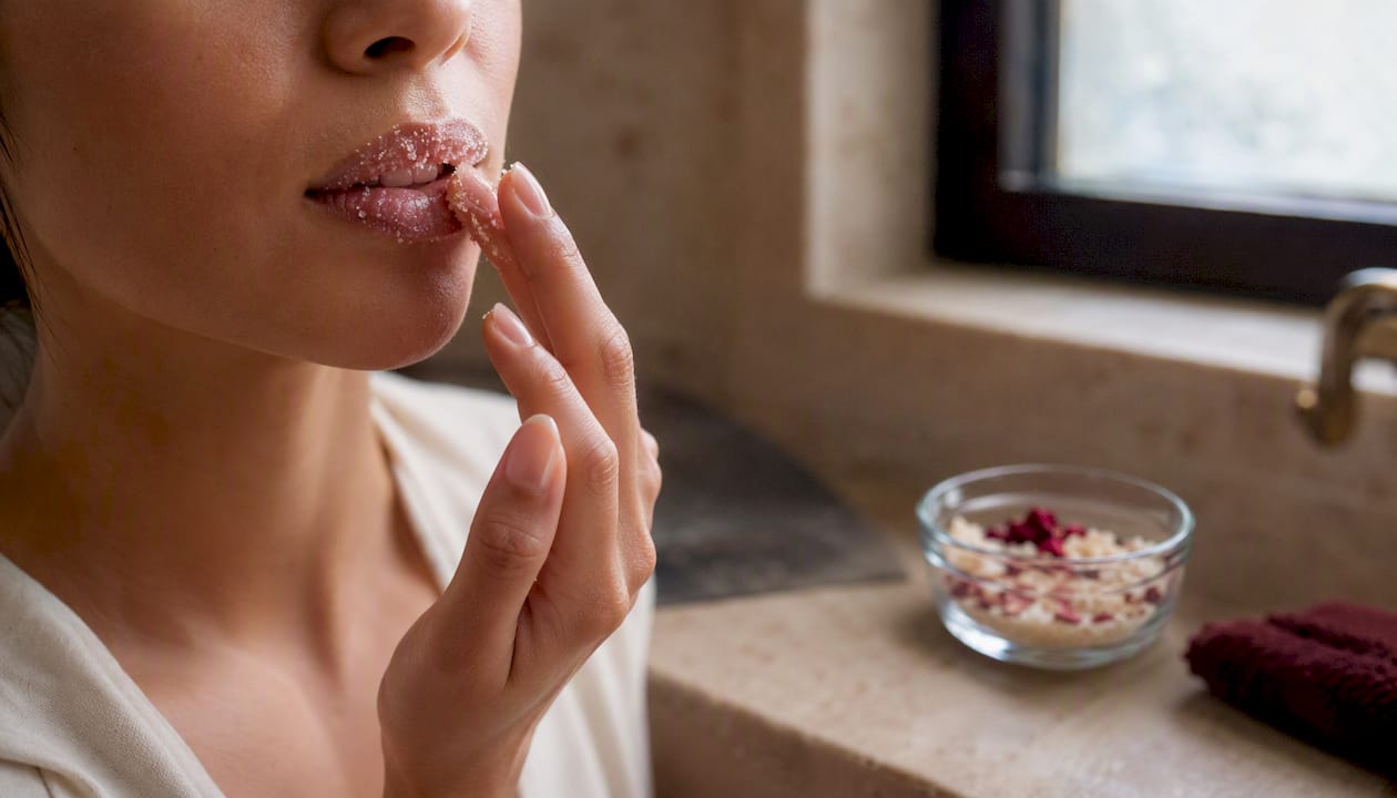 Hands exfoliating lips with sugar scrub