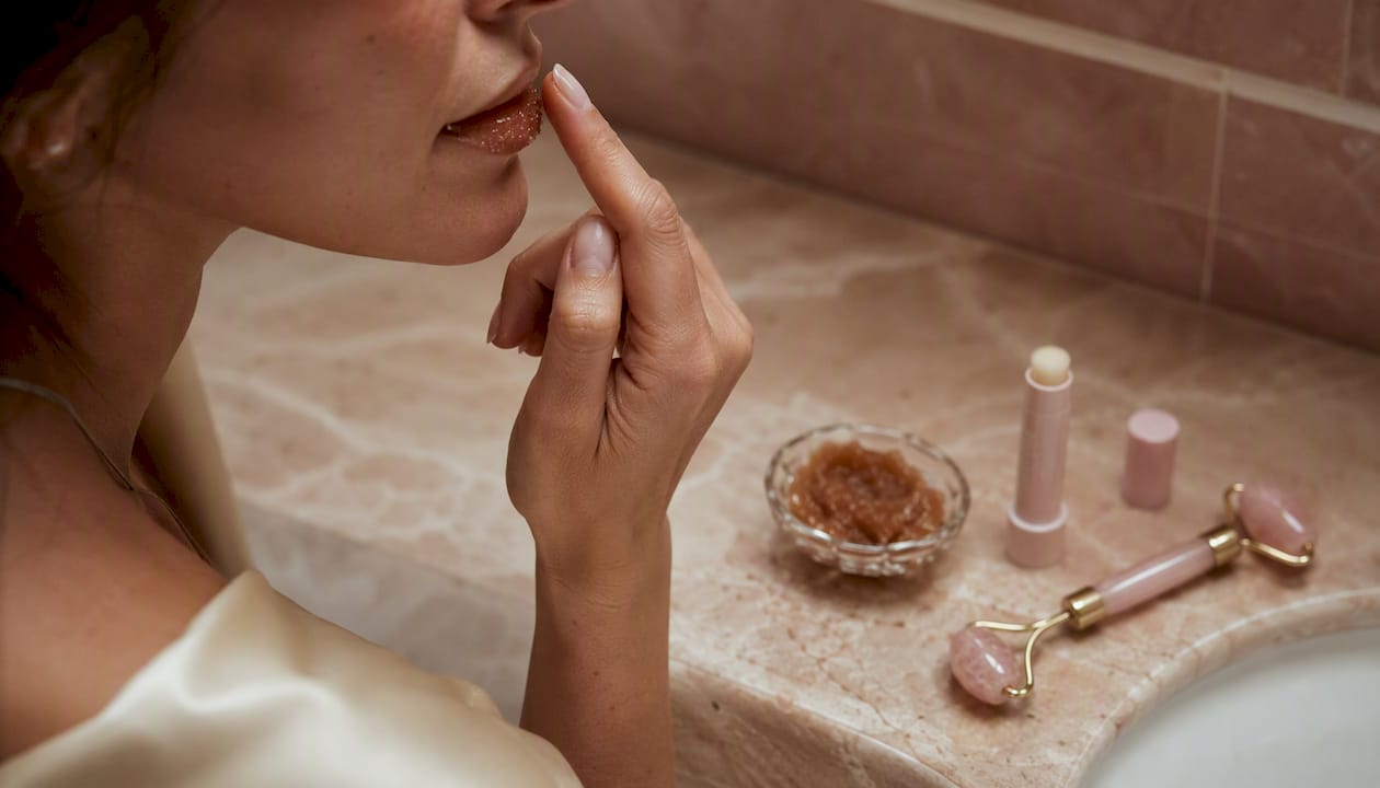Woman applying cinnamon lip plumper paste