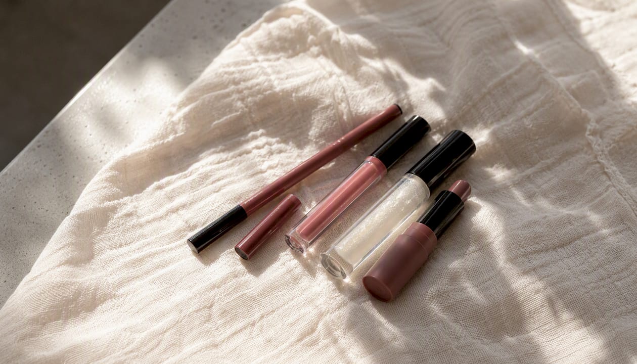 Set of lip liner, contour pencils and balm on fabric