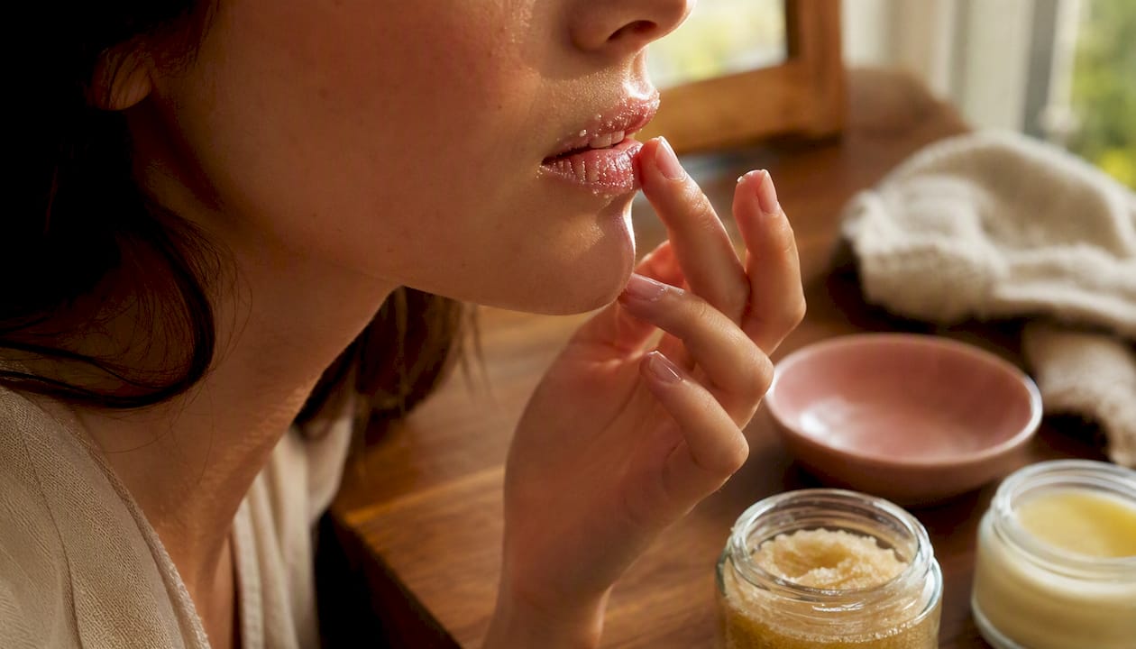 Close-up of exfoliated lips and lip care products