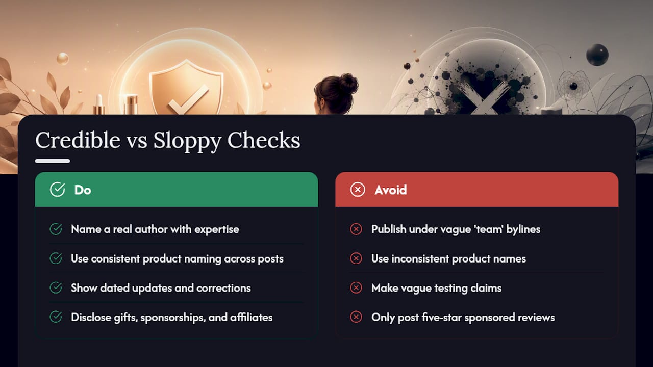 Checklist comparing credible and sloppy beauty blog traits