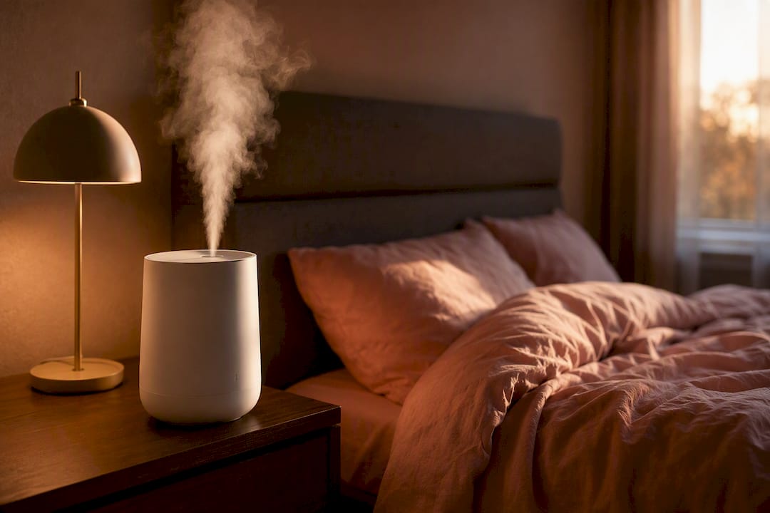 Humidifier emitting mist in bedroom
