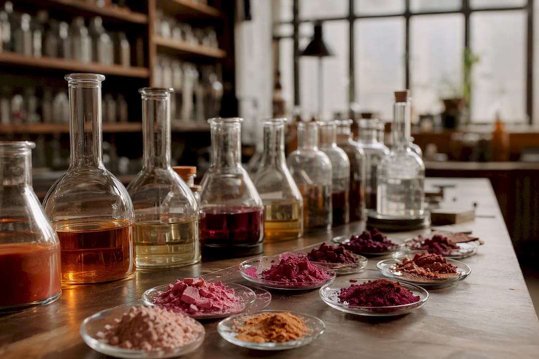Cosmetic ingredient lab samples and glassware