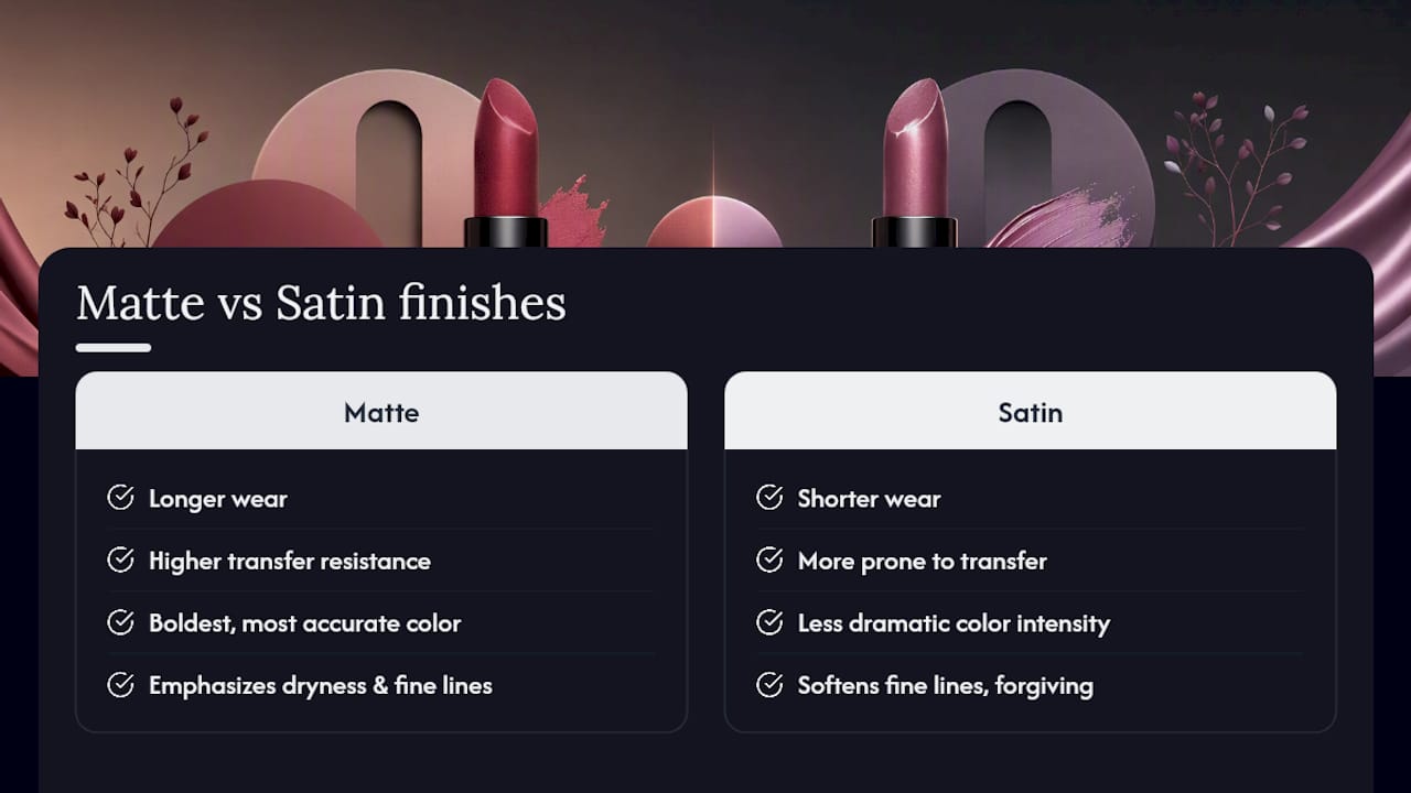Diagram comparing matte and satin lipstick pros and cons