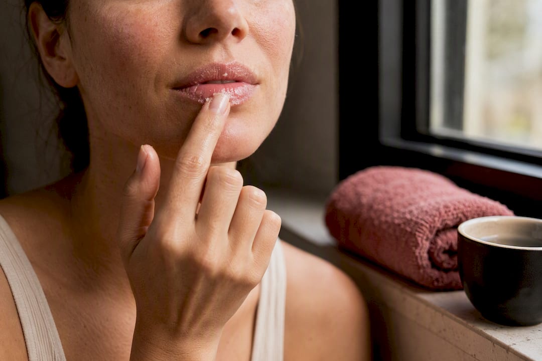 Woman massaging lips with fingertip