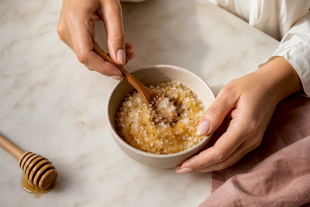 Hands mixing a homemade sugar lip scrub