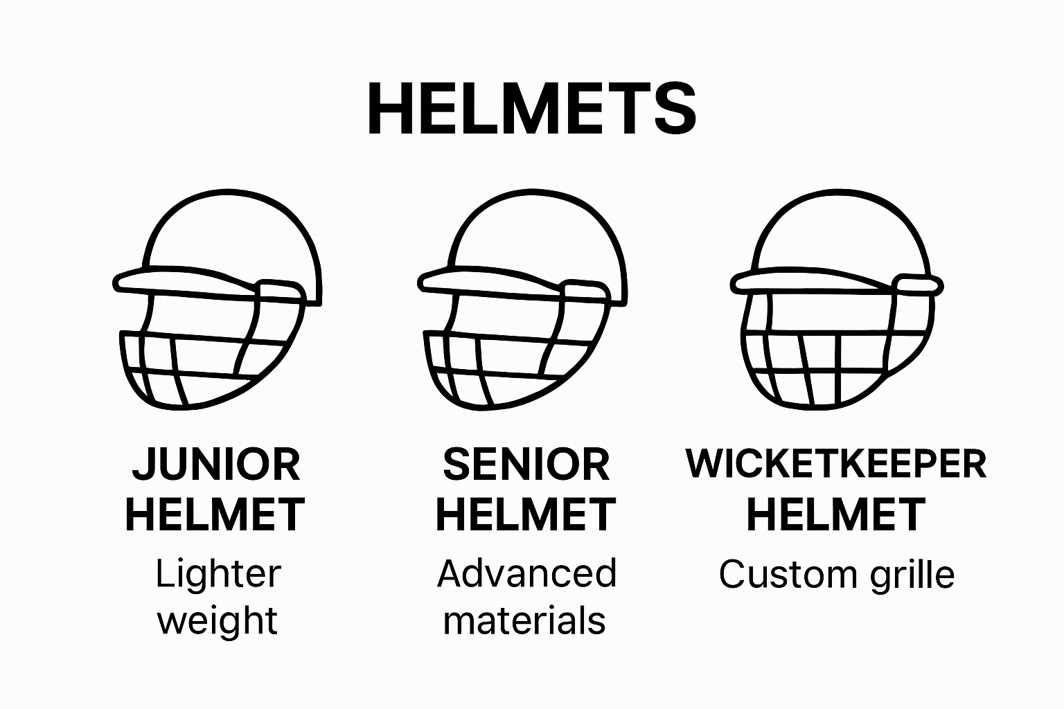 Comparison of junior, senior, and wicketkeeper cricket helmets with key features